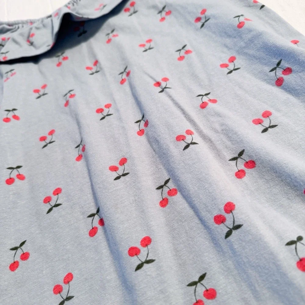 Hanna Andersson Girls Cotton Dress Size 8 130 Ruffle Neck Blue Cherries